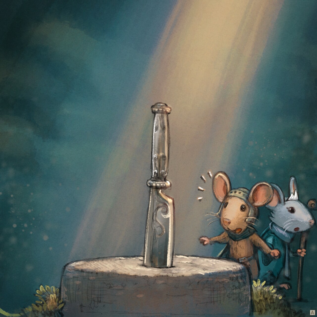 Panel 1. In darkness, against a background with vegetal notes, through a faint beam of light stands a massive silver sword, finely decorated, embedded in a pedestal that looks like stone. A small warrior mouse and a magician mouse hurry past, hand in hand, but the warrior is drawn to the massive sword.