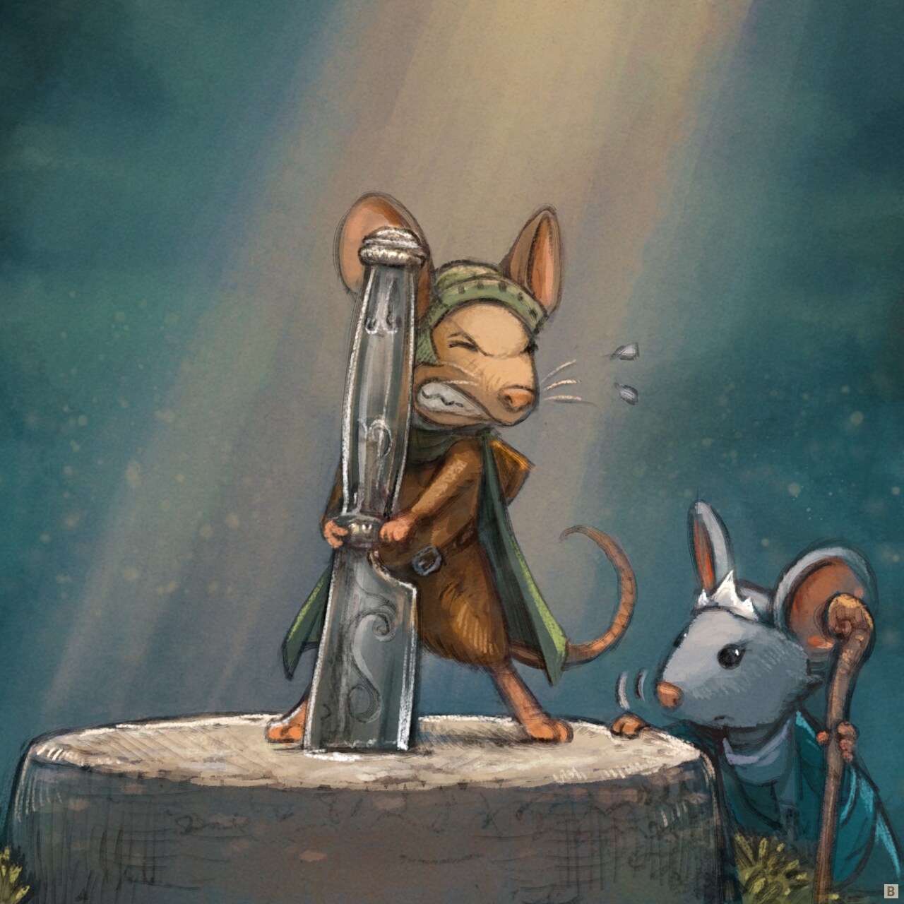 Panel 2. The warrior mouse is already on the pedestal, straining to pull the sword out with all its might. Meanwhile the magician mouse examines the pedestal.