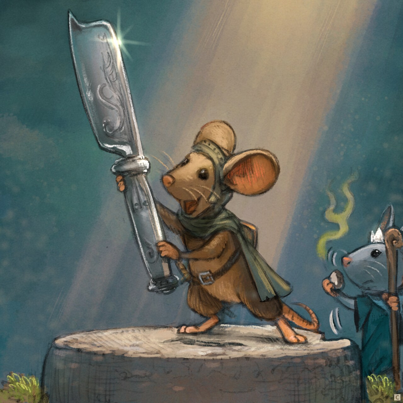 Panel 3. The warrior mouse has succeeded! The massive sword is now in its possession; he is happy. Meanwhile, in the background, the magician mouse has managed to pry off a piece of the pedestal with her bare hand: waves of strong smells reach her nostrils.