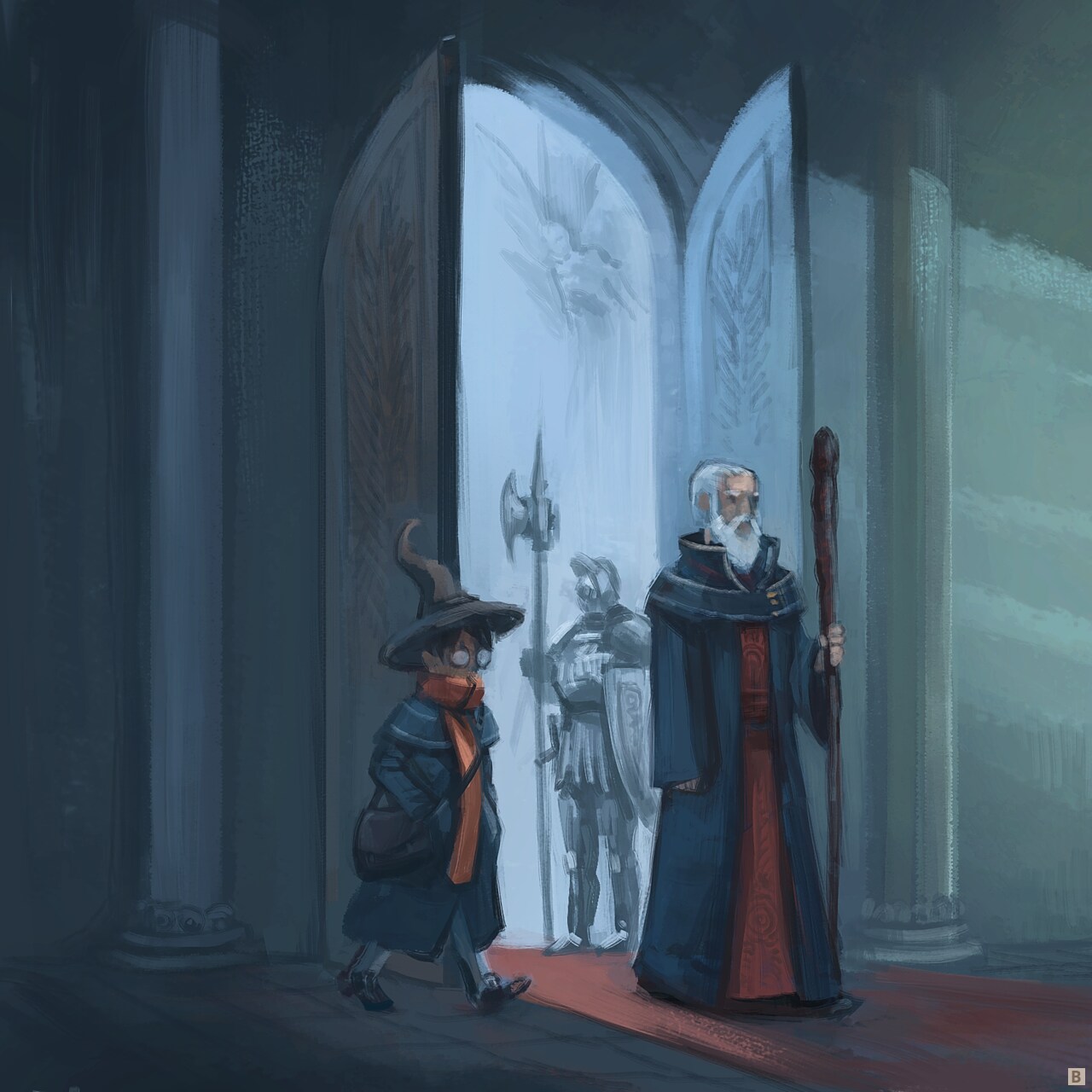 Panel 2. Albrus rises and leaves the throne room, followed by his wizard assistant who was waiting outside.
