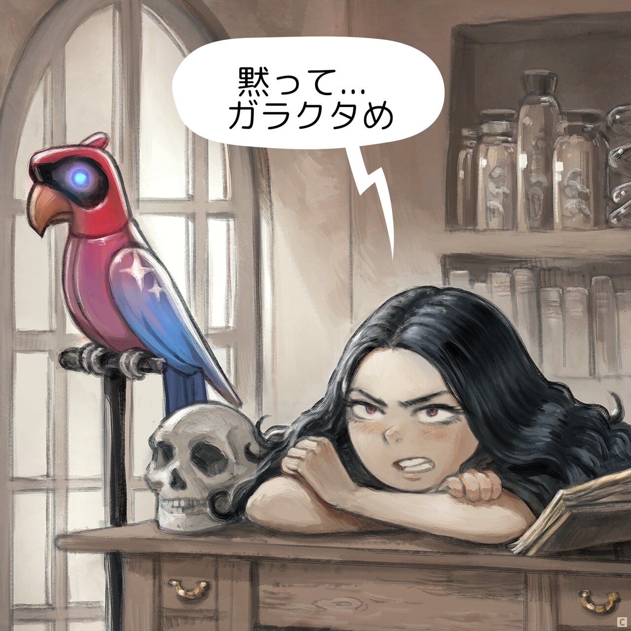 Panel 3. The witch's face looks at the mechanical bird with annoyance.  
Witch: Shut up, you... thing.