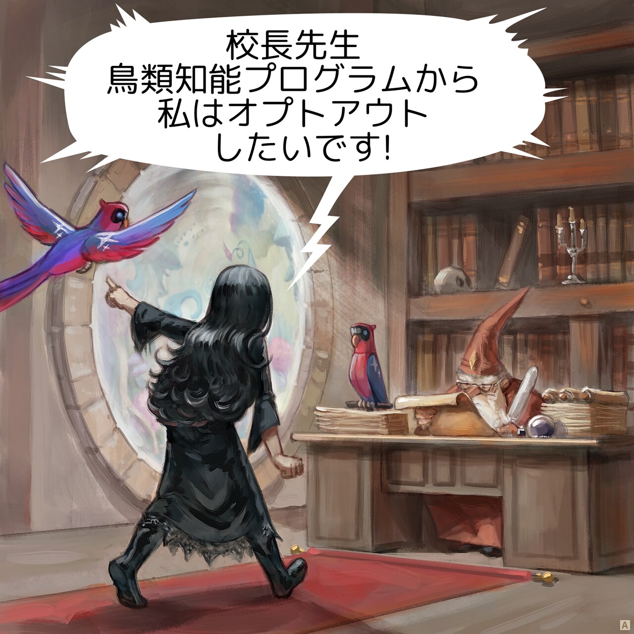 Panel 1. Wide view angle in the office of the University of Magic Headmaster. The room is filled with shelves of ancient tomes, but mainly, a carpet leading to the desk of the boss. A young gothic sorceress enters the room with determination, followed by a robotic cyber-parrot flying behind her: the Avian Intelligence bird. Detail: the boss has a AI Parrot too and seat nearby a large circular active portal. She points her finger at her AI Parrot.  
Gothic Sorceress: "Headmaster, I'm requesting to opt out of the Avian Intelligence program!"