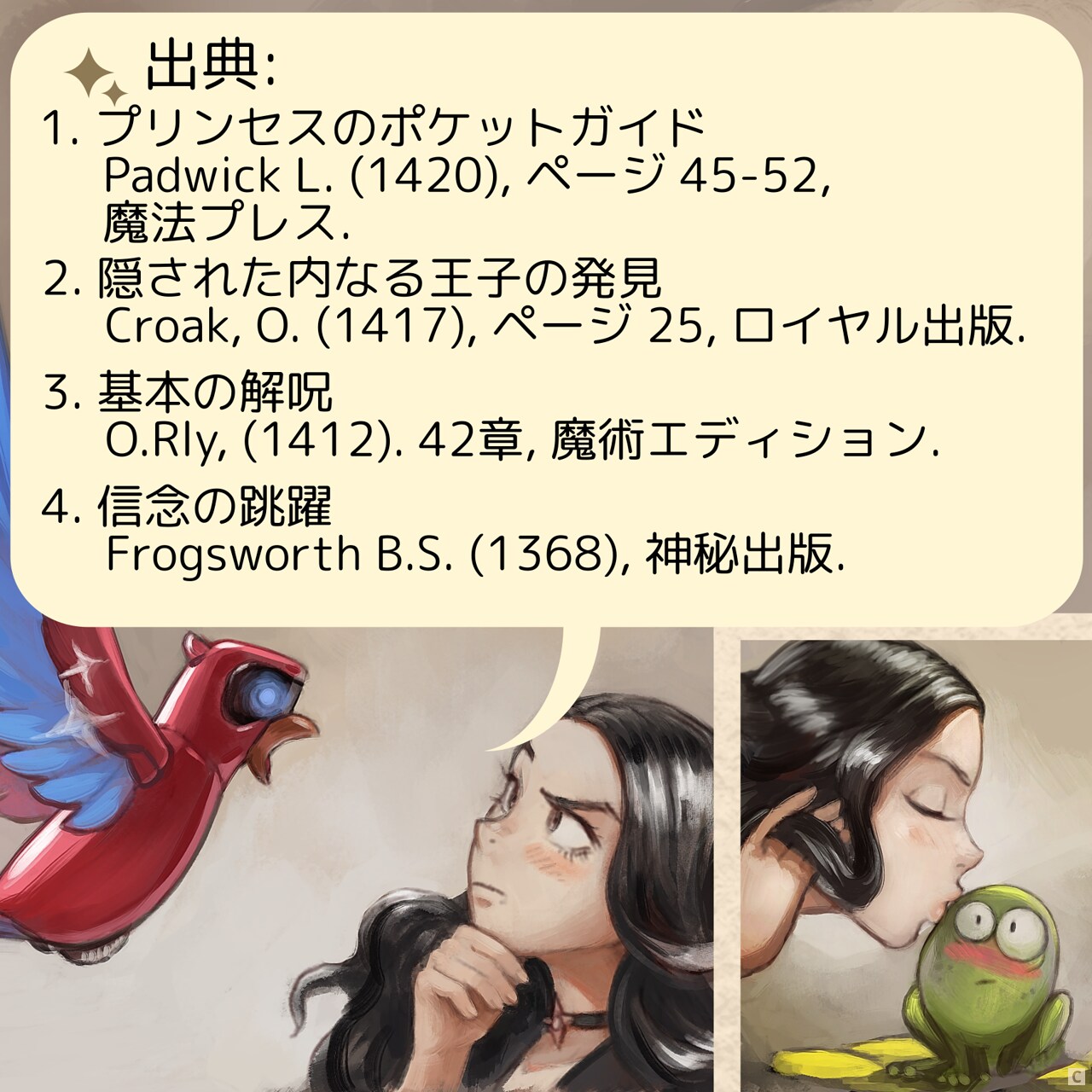 Panel 3. Shot on the AI Parrot, hallucinating a list of sources. The Gothic sorcerer considers the list.
AI Parrot: Sources:  
1. "The Princess's Pocket Guide"  
   Padwick L. (1420), page 45-52, Enchanted Press.  
2. "Unmasking the Prince Within"  
   Croak, O. (1417), page 25, Royal Publishing.  
3. "Basic Curse Lifting"  
   O.Rly, (1412). chapter 42, Arcane Editions.  
4. "Leap of Faith"  
   Frogsworth B.S. (1368). Mystic Publishing.  
* Insert.
Closeup on the lips of the Gothic Sorceress kissing the frog, this one blushes.
soundFx: "Smack!"