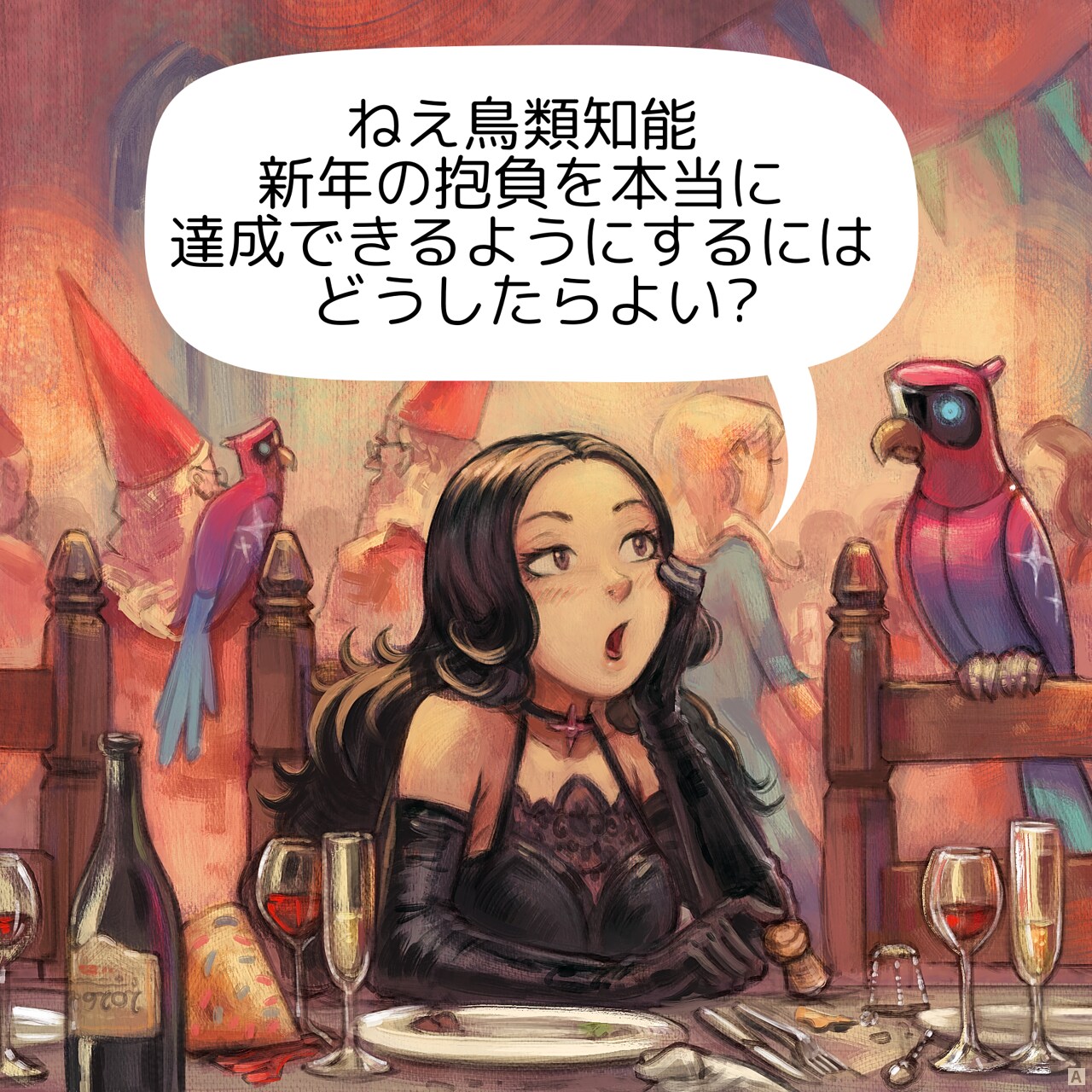 Panel 1: The Gothic Sorceress sits at a table, surrounded by a party hat, wine and champagne glasses, the aftermath of a long dinner with the plates, and the silhouettes of a crowd behind her during the new year eve party at the magic school. She looks bored and disconnected from the celebration. She ask out of curiosity her AI Parrot, perched on the back of the empty chair beside her.  
Gothic Sorceress: "Avian Intelligence, how could one actually make their New Year's resolutions stick?"