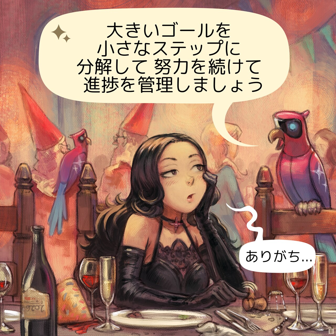 Panel 2: The AI Parrot responds. She listens looking at the Parrot even more bored.
AI Parrot: "Break down big goals into smaller ones, stay consistent, and track progress."  
Gothic Sorceress: "Boring..."