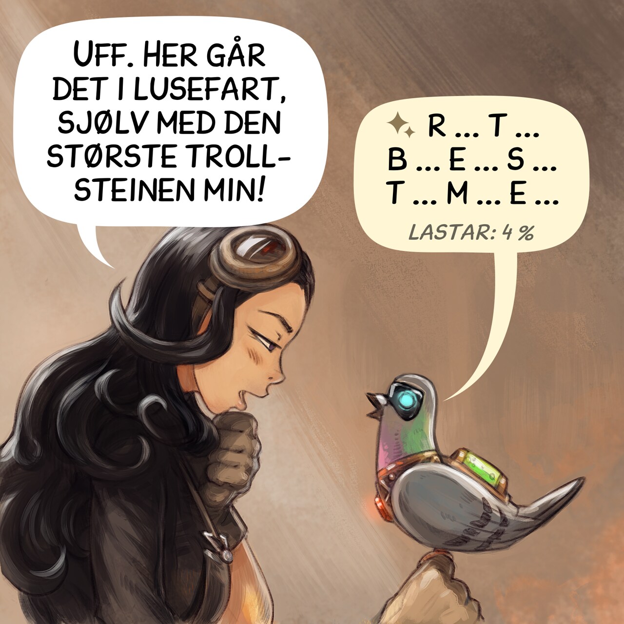Panel 3. Cepper starts to realize the immense computational power required to run AI models remotely. She looks at her local AI Parrot and starts to wonder.  
Cepper: "Ouch. That's painfully slow, even with the largest magical stone I had!"  
Local AI Parrot: "p...e...r... s...e...c...o...n...d... loading 4%"