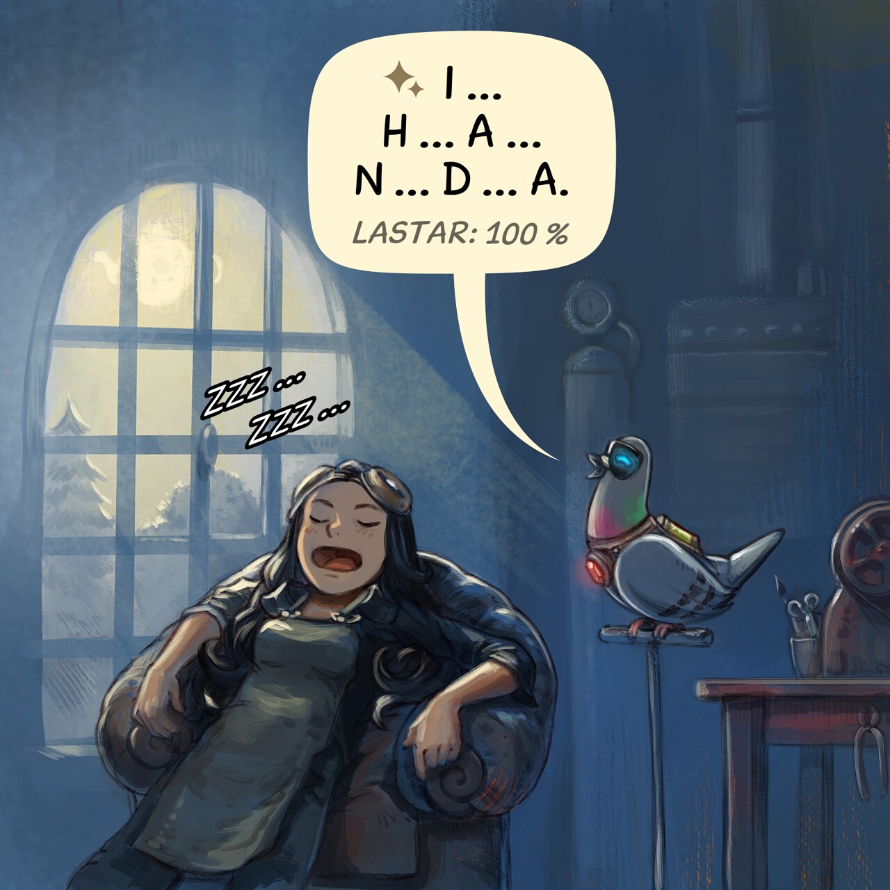 Panel 4. A shot late at night, she sleeps deeply on a big armchair, while the local AI Parrot still finish to output.  
Local AI Parrot: "a...n...d... t...h...a...t...s... a...l...l... loading 100%"