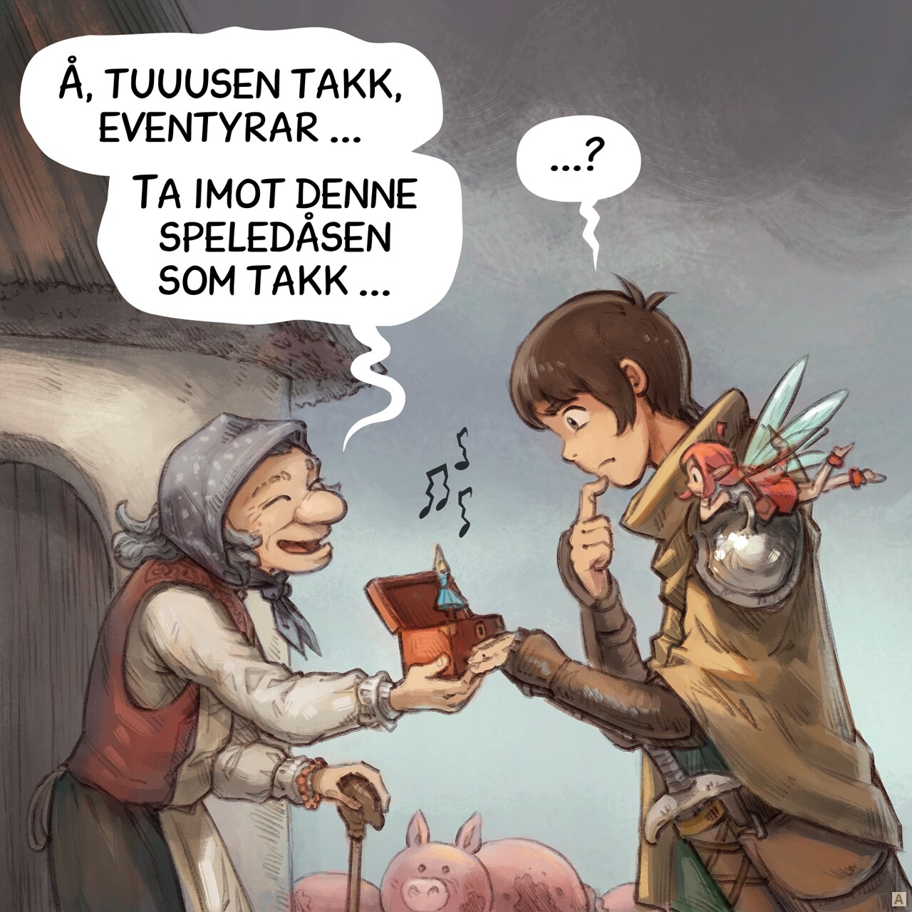 Panel 1. Side view on a old peasant woman, in front of her old house, giving a red music box, open, with a tiny ballerine dancer in the middle to the adventurer, a young warrior. He has his Pink Fairy on his shoulder. Both the adventurer and the Pink Fairy are trying to hide their deception about this reward. Some music notes, dissonant, escape the box.  
Old woman: "Oooh, thank you adventurer... As a reward, please accept this music box..."  
Adventurer: "?..."