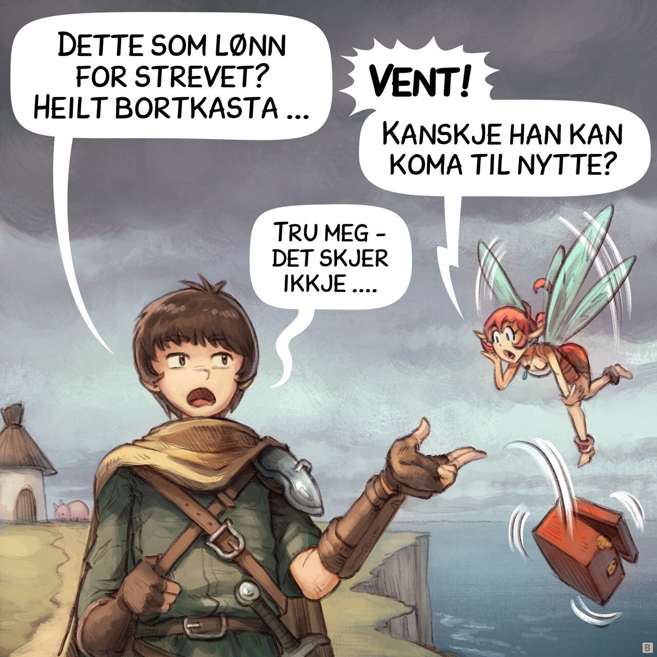 Panel 2. Now, far away (we can see the village in the background, near a cliff and the sea), front view on the adventurer as he throws to the sea the music box with blasé eyes. The pink fairy is in shock!  
Adventurer: "That's the quest reward? Useless..."  
Pink fairy: "Wait! What if it's actually useful?"  
Adventurer (smaller): "Trust me, it won't be."