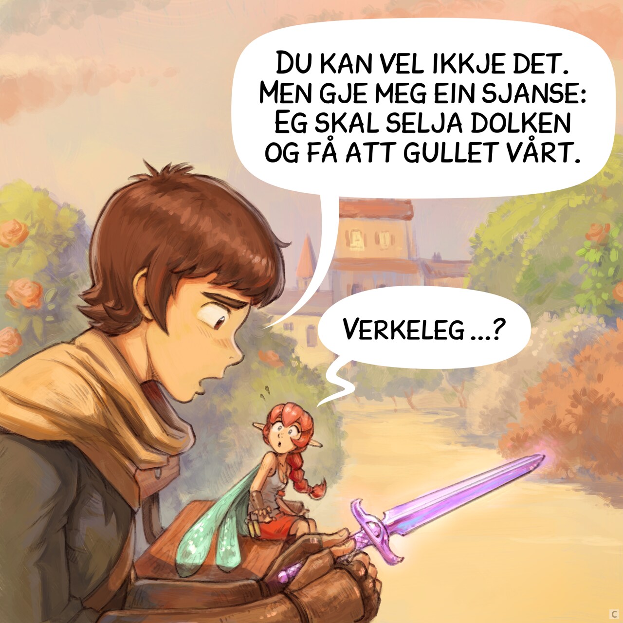 Panel 3. The adventurer feels sincerely sorry and sad while watching in his hand the purple epic dagger. The pink fairy watches him with wide eyes, pleasantly surprised.  
Adventurer: "You can't, but give me one chance: I'll sell the dagger and get our gold back."  
Pink fairy: "...Really?"