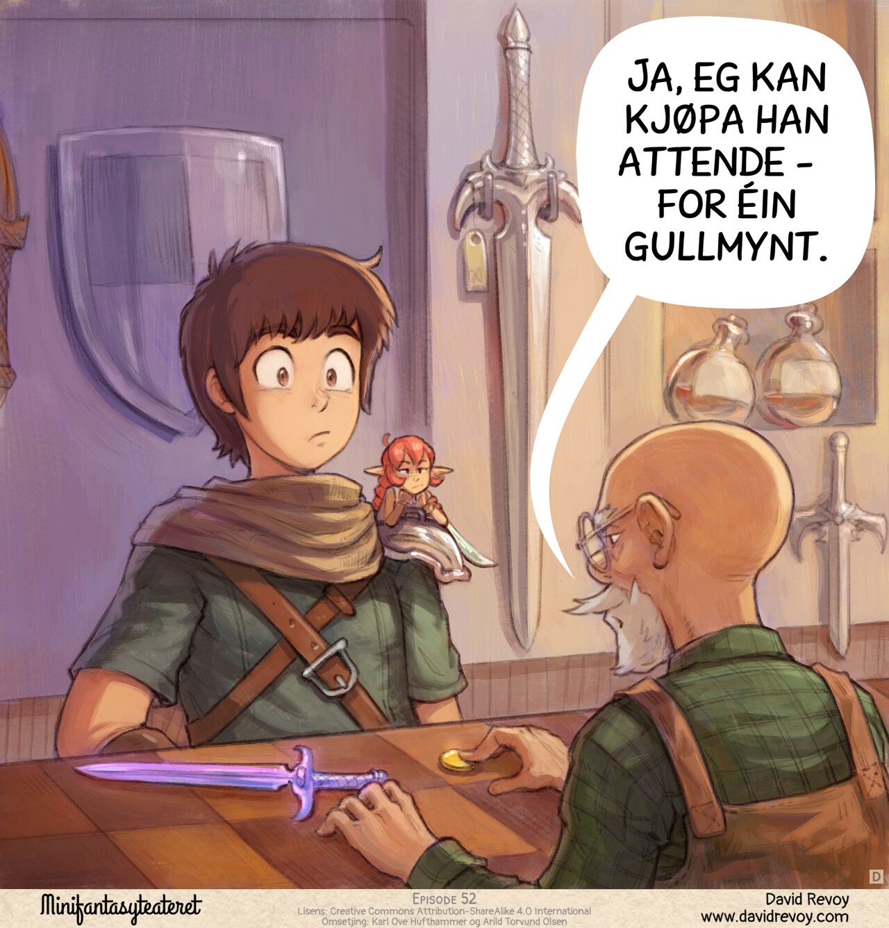 Panel 4. Inside the shop, the adventurer places the purple epic dagger on the counter. The merchant pushes a single coin across toward them. Both the adventurer and pink fairy stare in disbelief.  
Merchant: "I can buy it back for... one gold coin."