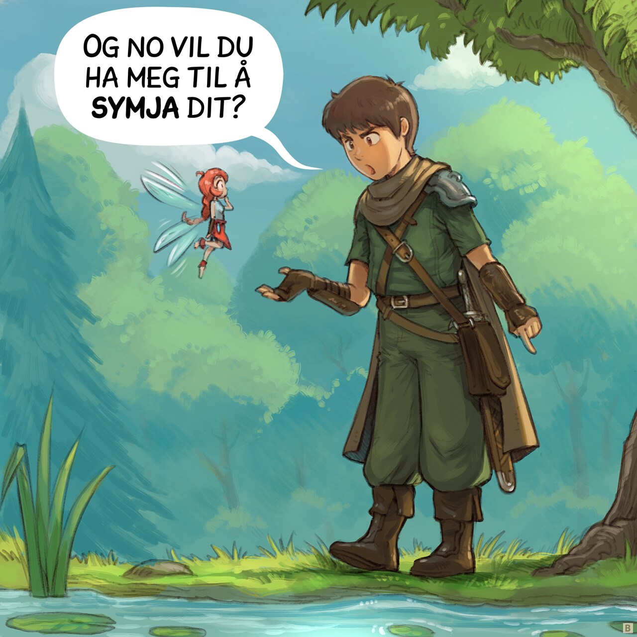 Panel 2. The Adventurer looks skeptical and upset as he points the water's edge.  
Adventurer: "..And you expect me to swim in that?"