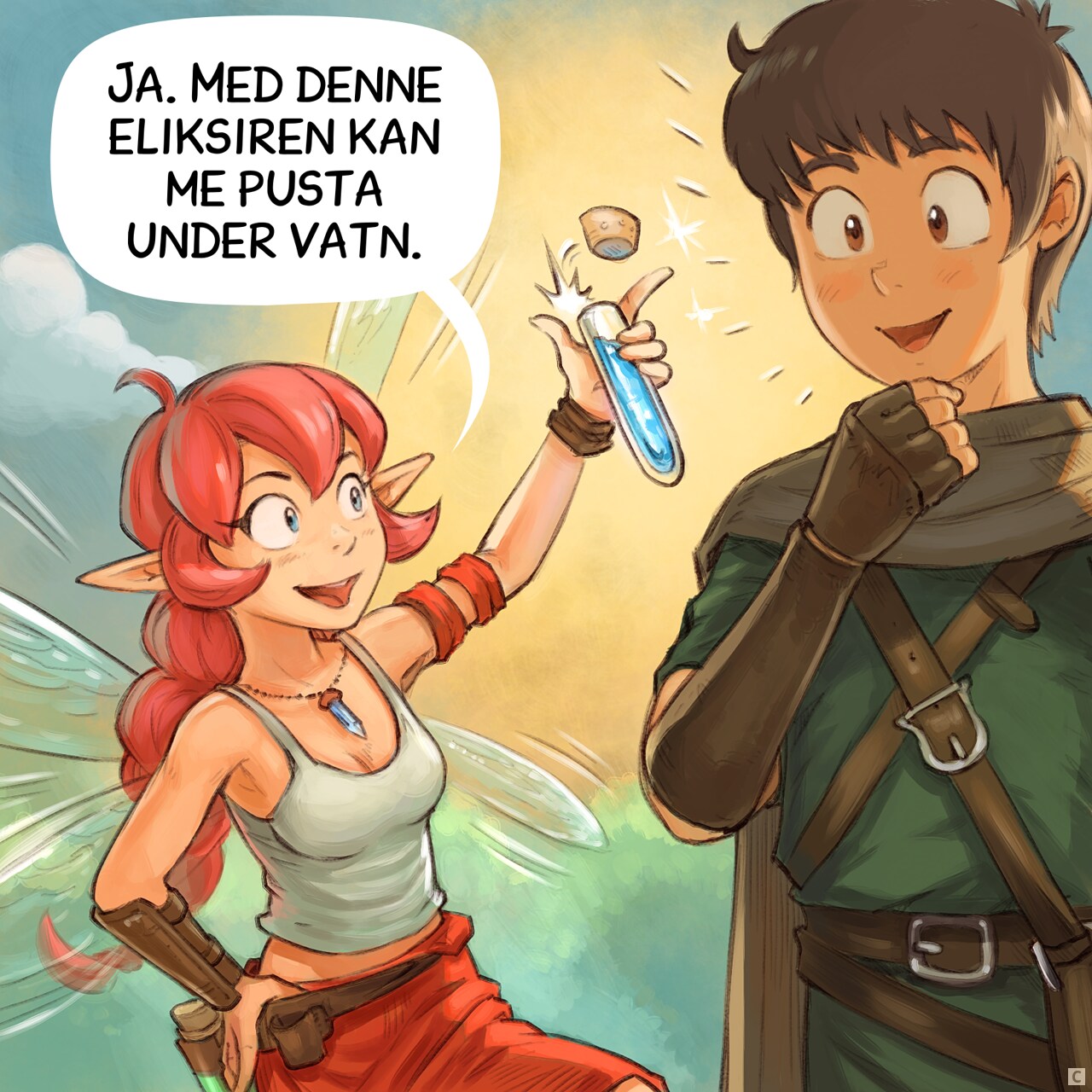 Panel 3. The Pink Fairy happily holds up a small blue potion that she opens with her thumb. The Adventurer is now enthusiast to try it.  
Pink Fairy: "Yes, this potion will let us breathe underwater."