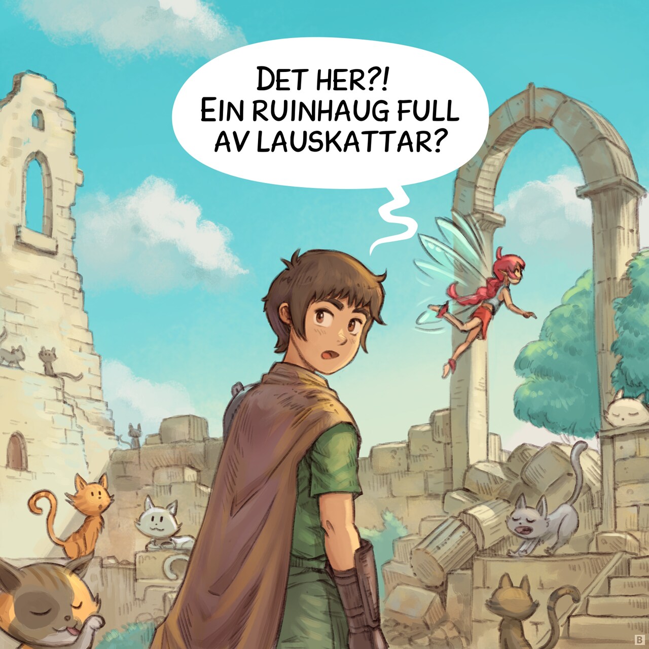 Panel 2. They progress through it: more cats around. The Adventurer really don't understand what's so special about this place while the Pink-Fairy is happy.  
Adventurer: "What? This crumbling place full of stray cats?"