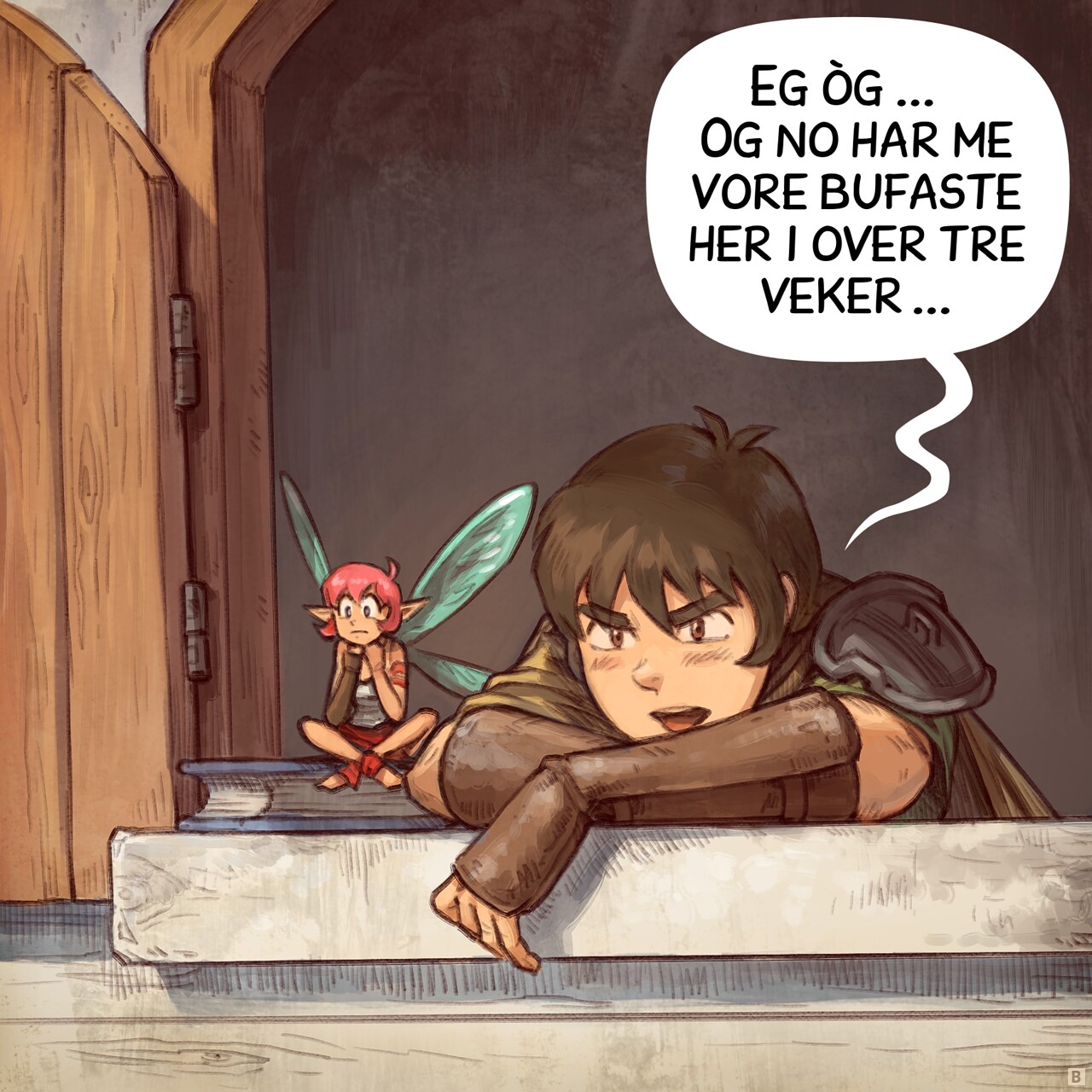 Panel 2. Close up on them bored at the window.  
Pink-Fairy: "Yeah… because now… we’ve been stuck here for three weeks already."