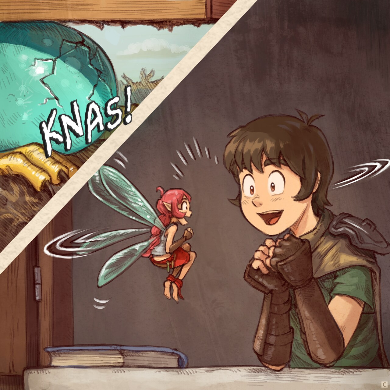 Panel 3. Suddenly, a crack sound from bellow, and both Adventurer and Pink fairy are joyful and look at each other.  
SoundFX: "Crack!"