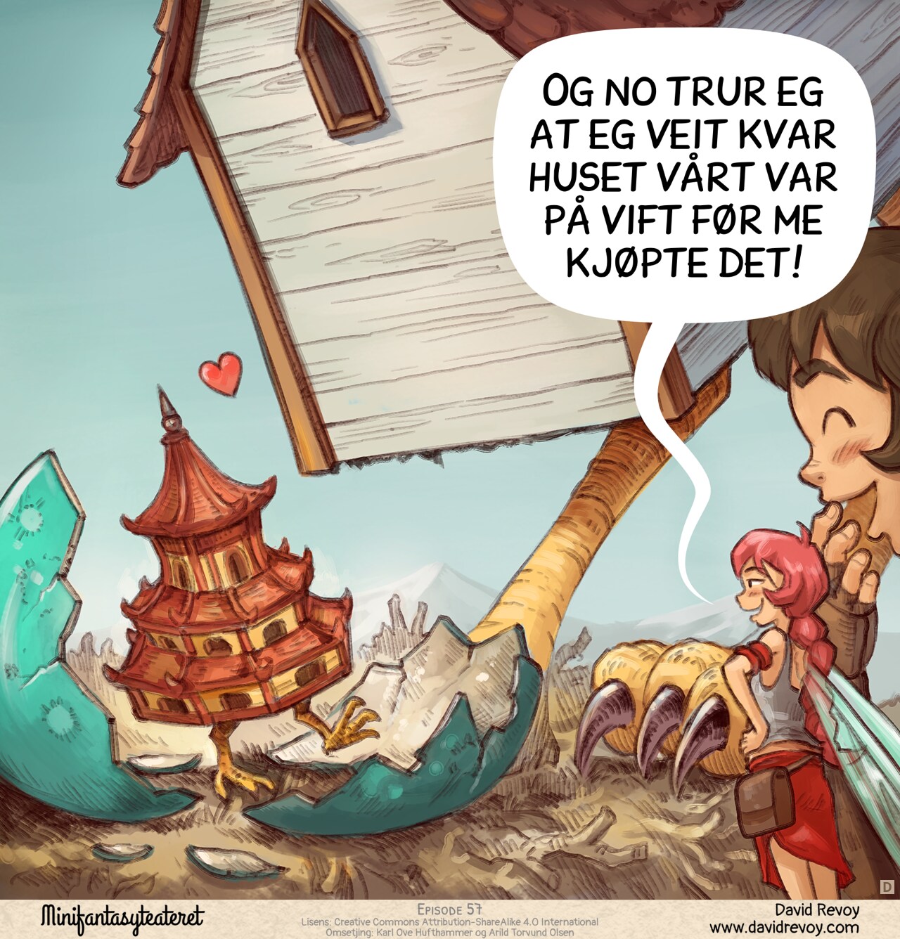 Panel 4. Wide shot: the house is bending at the baby with affection, a mini Japanese pagoda with chicken legs that freshly got out of its shell. The Adventurer and Pink Fairy are laughing.  
Pink-Fairy: "I think I have a pretty good idea where our house wandered before we bought it."