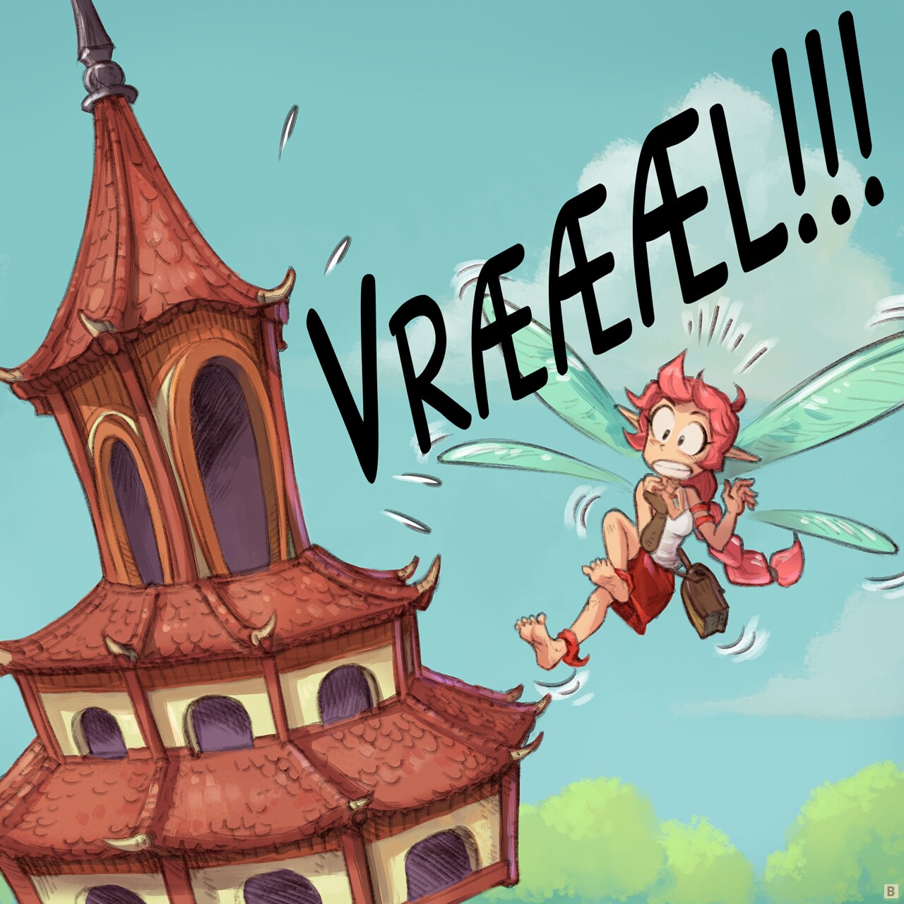 Panel 2. Same shot but closer: the pagoda screams like a baby at full volume. The Pink Fairy wasn't expecting that much noise and fly back in surprise, shocked.  
Baby Pagoda: "WAAAAAAHHHHHHH!!!!"