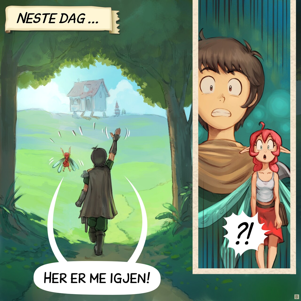 Panel 2. Morning light, the Adventurer and Pink-fairy approach the familiar silhouette of mama House and baby Pagoda at a distance, waving and excited.  
Narrator: "The next day..."  
Adventurer & Pink-Fairy: "We're back!"  
* Panel 2B. Close-up on the shocked, wide eyes of the Adventurer and Pink-fairy.  
Adventurer & Pink-Fairy: "?!!"