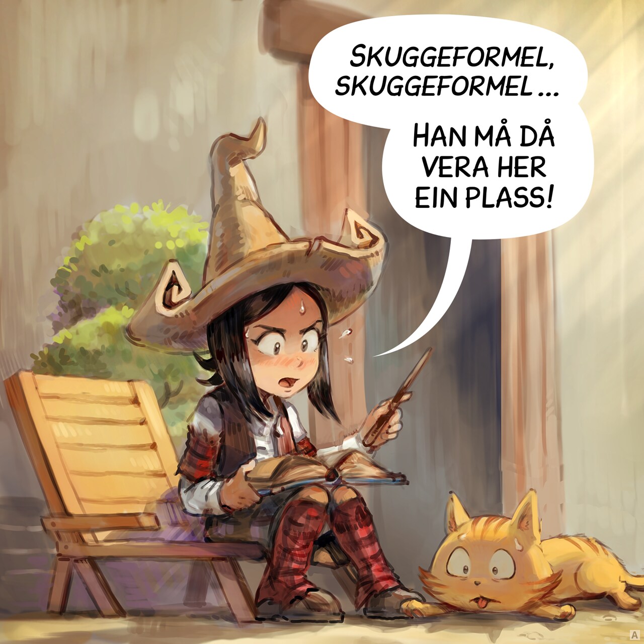 Panel 1. Pepper in hot weather, studying her magic books outside on her little terrace. Carrot is also hot.  
Pepper: "Shadow spell, shadow spell... it's gotta be in here somewhere!"