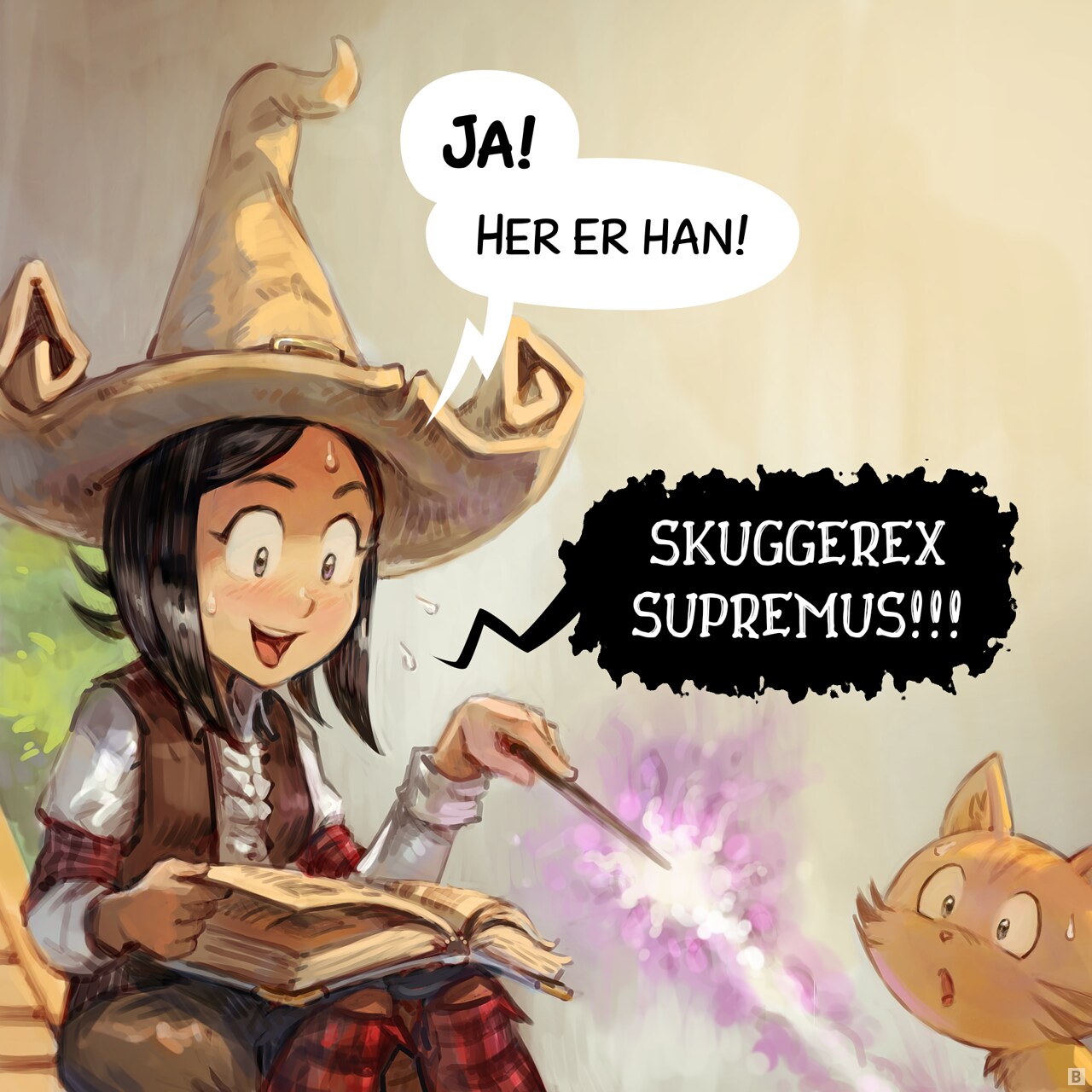 Panel 2. Pepper is pleased: she found it. She is casting the spell.  
Pepper: "Ha! Here it is! Shadowrex Supremus!!!"