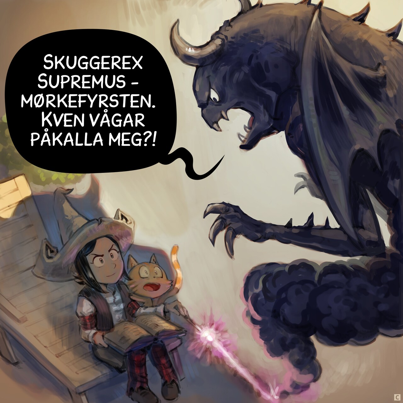 Panel 3. A dark monster appears before Pepper. She smiles, and Carrot is terrified.  
Shadowrex Supremus: "Shadowrex Supremus, Prince of Darkness, who dares summon me?!"