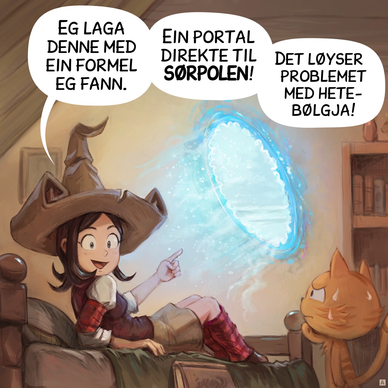 Panel 1. Pepper is lying in bed, looking proud as she shows Carrot her latest invention: a magic portal floating above the bed, blowing cold air.  
Pepper: "Check out my newest find! A direct portal to the South Pole! My solution to this heat!"