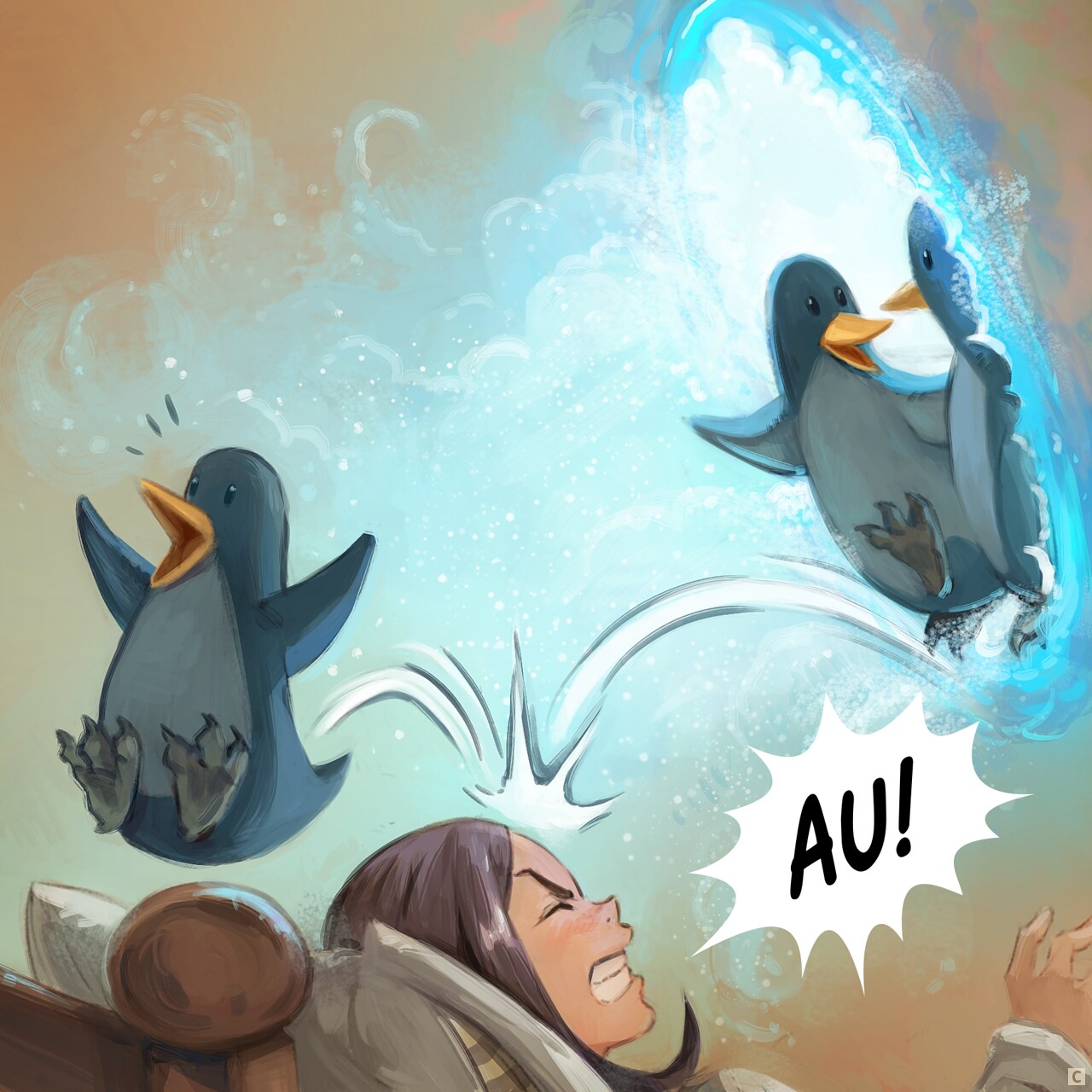 Panel 3. Close up: penguins start pouring out of the portal, bouncing off Pepper's face.  
Pepper: "Ouch!"