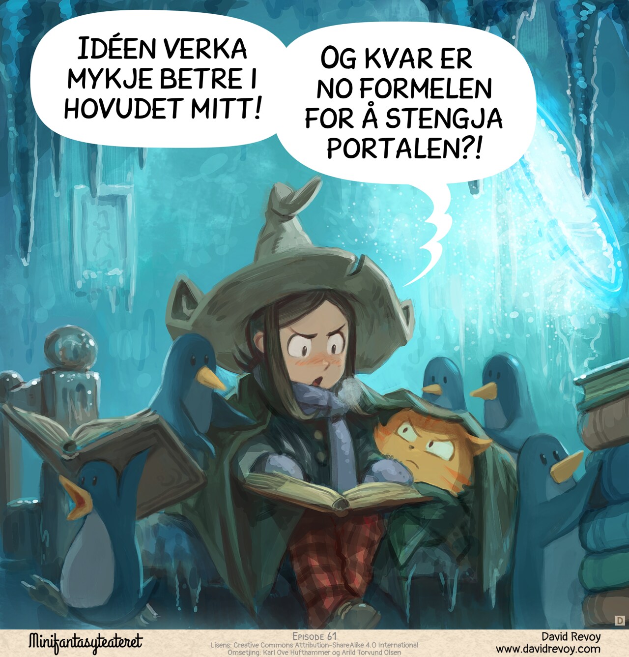 Panel 4. The room is now dark and freezing. Ice covers the walls and floor, with icicles hanging from the ceiling. The portal keeps blasting frigid wind. Pepper is bundled up in a thick scarf, gloves, and a coat, studying a heavy grimoire on her lap. She looks annoyed. Carrot's giving her a cold stare while wrapped in a blanket, clearly not happy. A dozen penguins are scattered around, curious, and reading over her shoulder, helping with grimoires.  
Pepper: "This seemed way better in my head. Now, how to turn this thing off?"