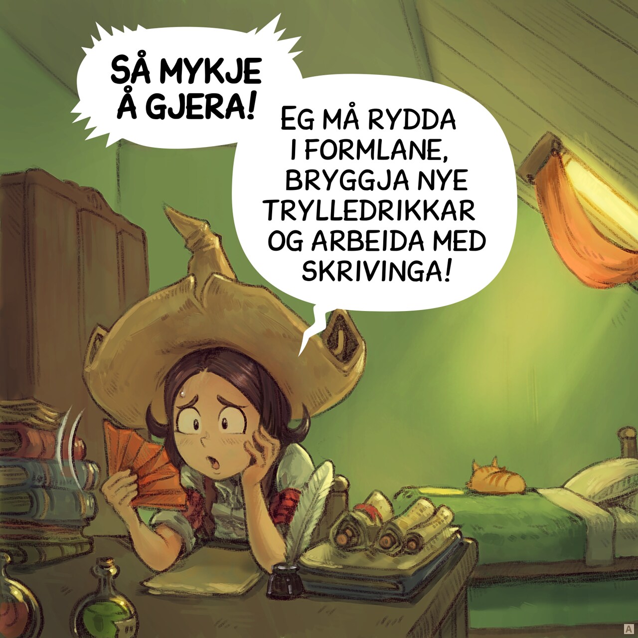 Panel 1. Pepper fans herself: she's flushed and sweating. Her bedroom is hot, with the shutter drawn. Carrot is sleeping on the bed in the background, but she's too busy with items on her desk to notice.  
Pepper: "So much to do! I need to reorganize my spells, brew new potions, get some writing done!"