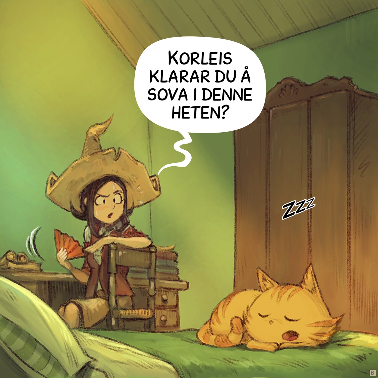 Panel 2. Pepper spins around and spots Carrot napping.  
Carrot: "Zzz"  
Pepper: "How can you just take a nap in this heat?"