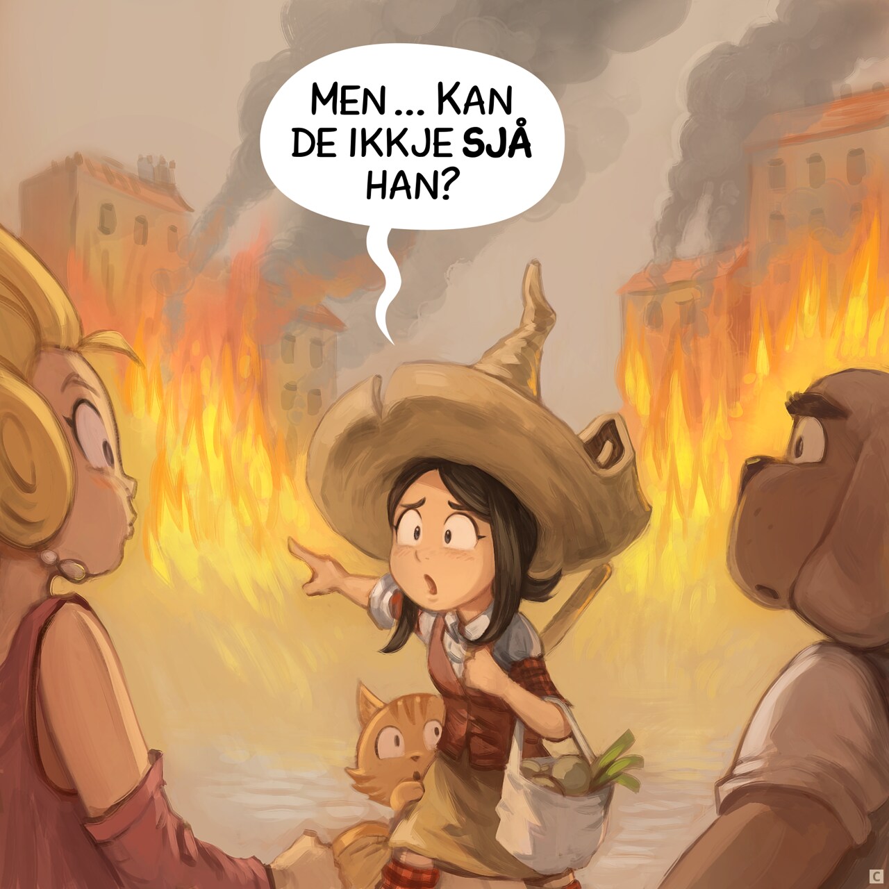 Panel 3. Pepper points at the fire in the background, to the suprise of the lady and man.  
Pepper: "But... Don't you see it?"