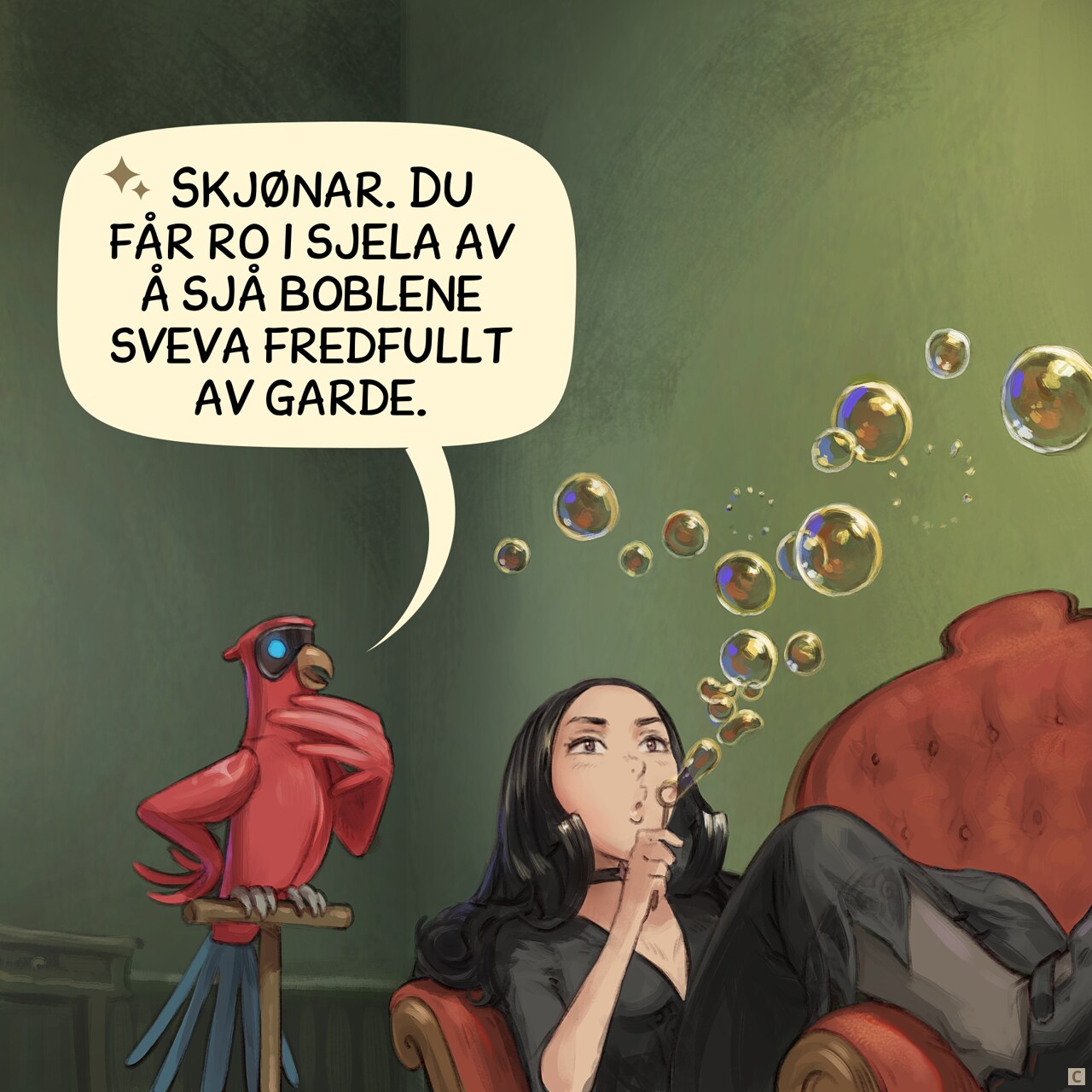 Panel 3. Cepper blows a new stream of bubble while the AI Parrot tries very hard to understand this human activity.  
AI Parrot: Ah, so you find relaxation in watching the bubbles float away peacefully.