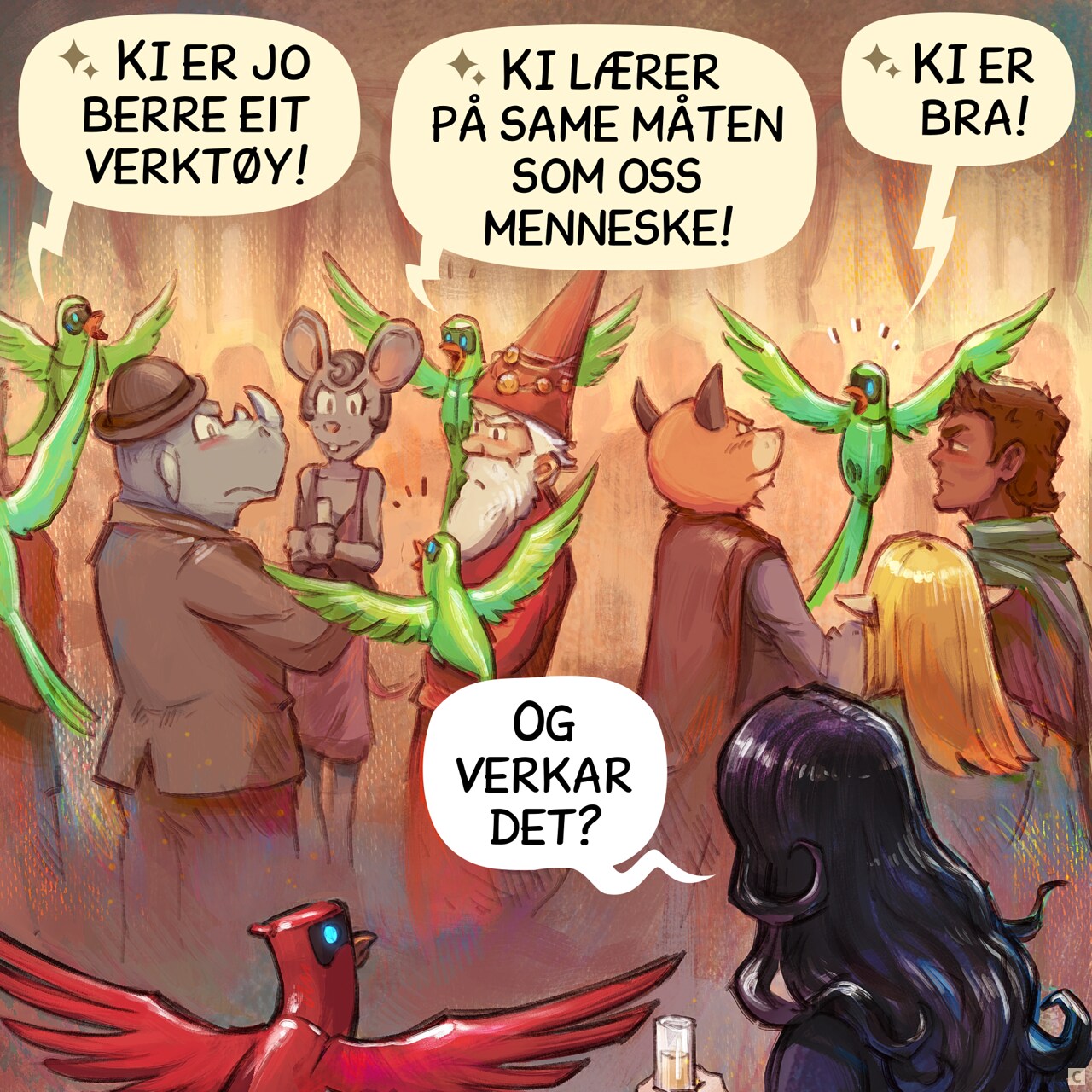 Panel 3. A similar shot to the previous panel, but now people are growing angry at the minion parrots who interrupted their discussions. Cepper and her AI parrot simply observe the scene.  
AI Parrot minion (1): "AI is just a tool!"  
AI Parrot minion (2): "AI learns like humans do!"  
AI Parrot minion (3): "AI is good!"  
Cepper: "...Is it working?"