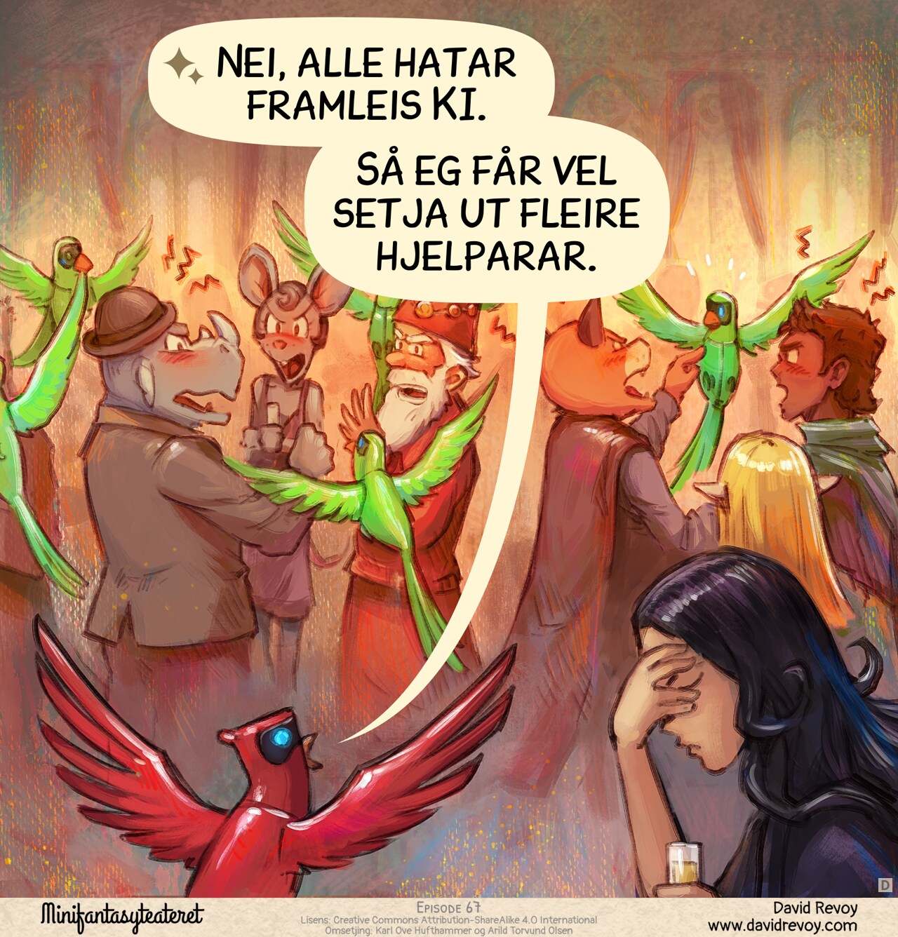 Panel 4. In a similar shot, the crowd is now furious, screaming at the minions. The Parrot remains optimistic while Cepper is facepalming.  
Parrot: "No, people still hate AI. I guess I'll just deploy more minions."