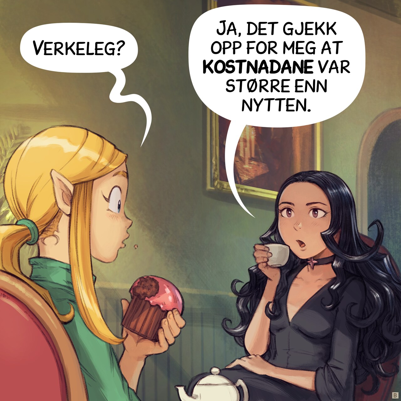 Panel 2. Amall is now curious, while Cepper explains herself, a cup of tea in her hand.  
Amall: "Really?"  
Cepper: "Yeah, I realized the benefits weren't worth the costs."