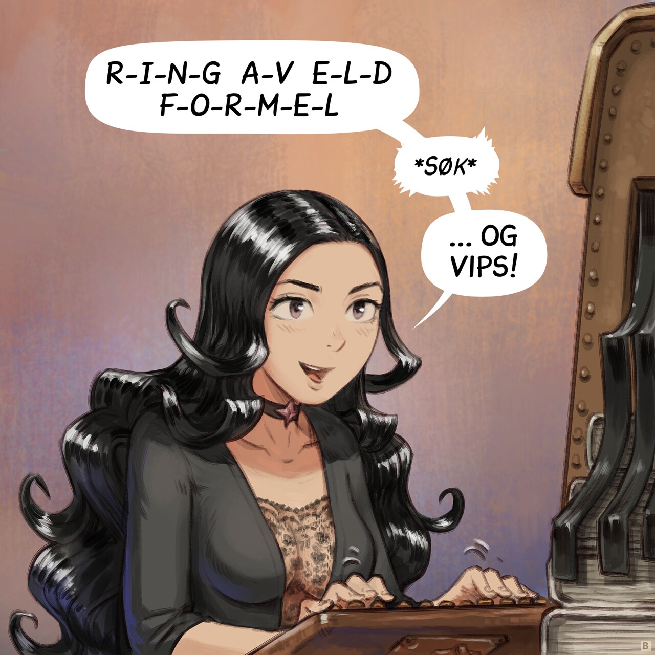 Panel 2. Close up, Cepper types on the typewriter keyboard, looking at the screen.  
Cepper: "R.I.N.G. O.F. F.I.R.E  S.P.E.L.L.S.  *enter*"  
Cepper: "...And voilà."