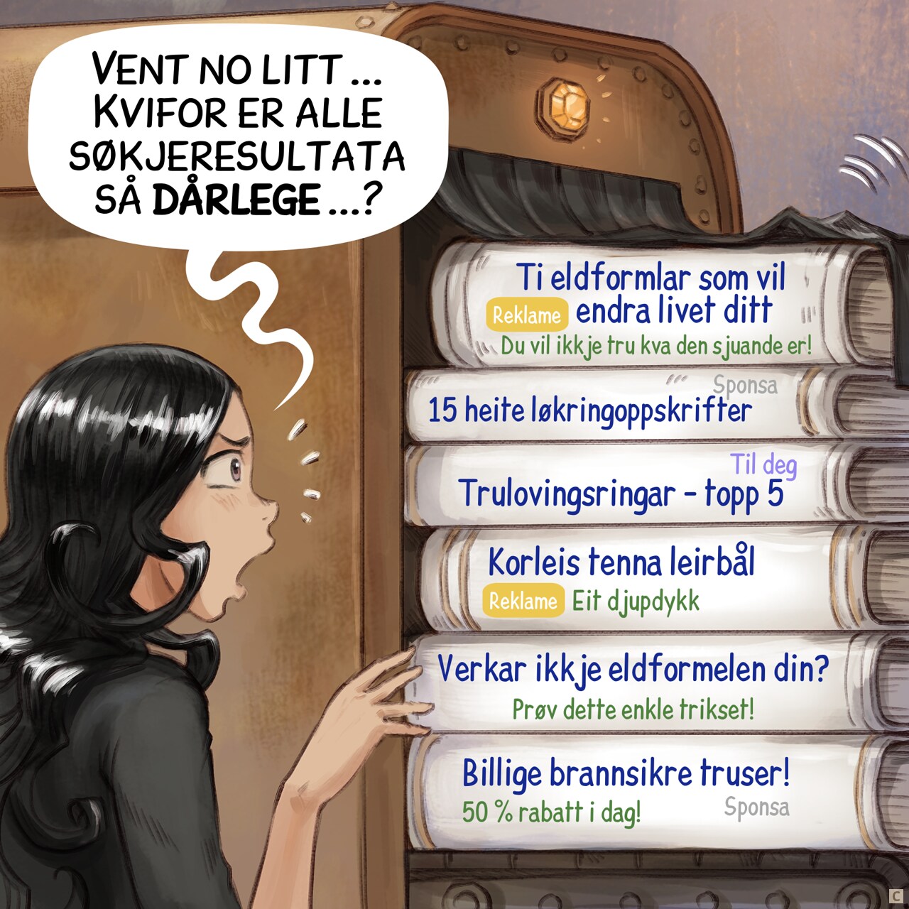 Panel 3. The machine spits out dozens of scrolls and books. Cepper reads them.  
Cepper: "Wait... Why are these results so bad?..."  
Book 1: "(Ad) Ten Fire Spells That Will Change Your Life (You Won't Believe the 7th!)"  
Book 2: "(Sponsored) 15 Spicy Onion Ring Recipes"  
Book 3: "(For you) Top 5 Best Engagement Rings"  
Book 4: "(ad) How to Start a Campfire: A Comprehensive Guide"  
Book 5: "Is Your Fire Spell Not Working? (Try This One Simple Trick!)"  
Book 6: "(Sponsored) Cheap Fire-Resistant Panties! (50% Off Today Only!)"