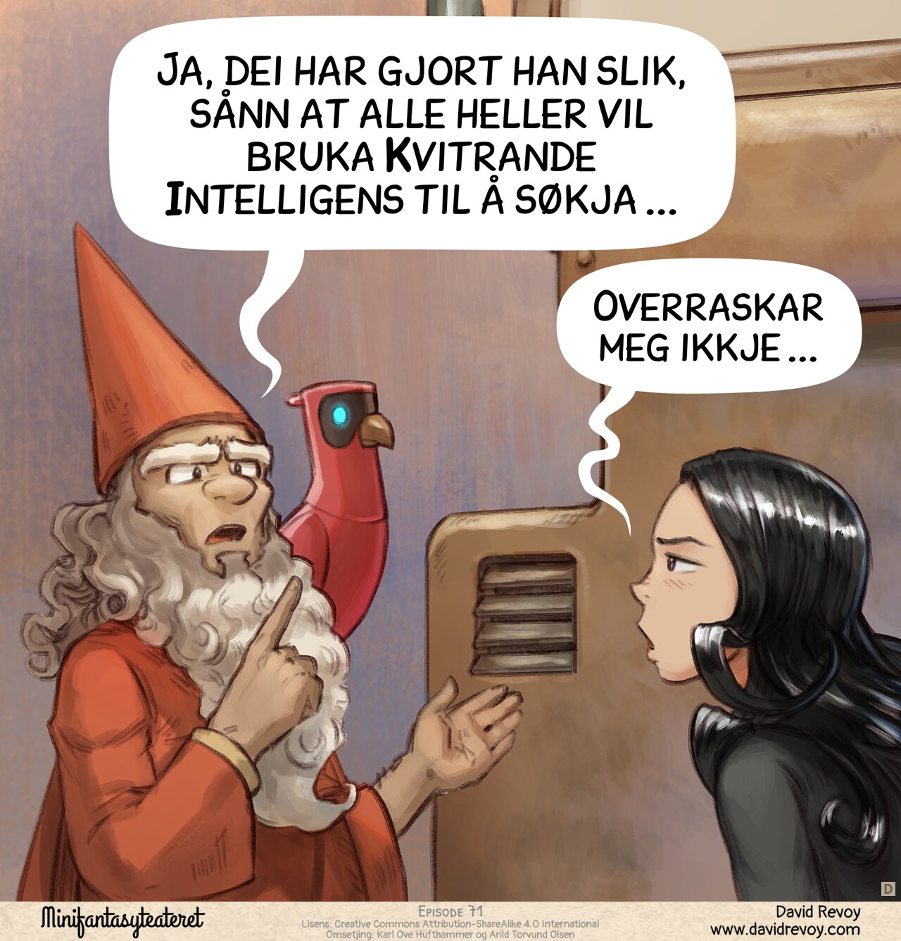 Panel 4. A librarian approaches, their AI Parrot perched on their shoulder, pointing it. Cepper looks defeated, her eyes blasé.
Librarian: "Yeah, they tuned it this way so everyone just uses their Avian Intelligence for searching now..."
Cepper: "...How unsurprising."