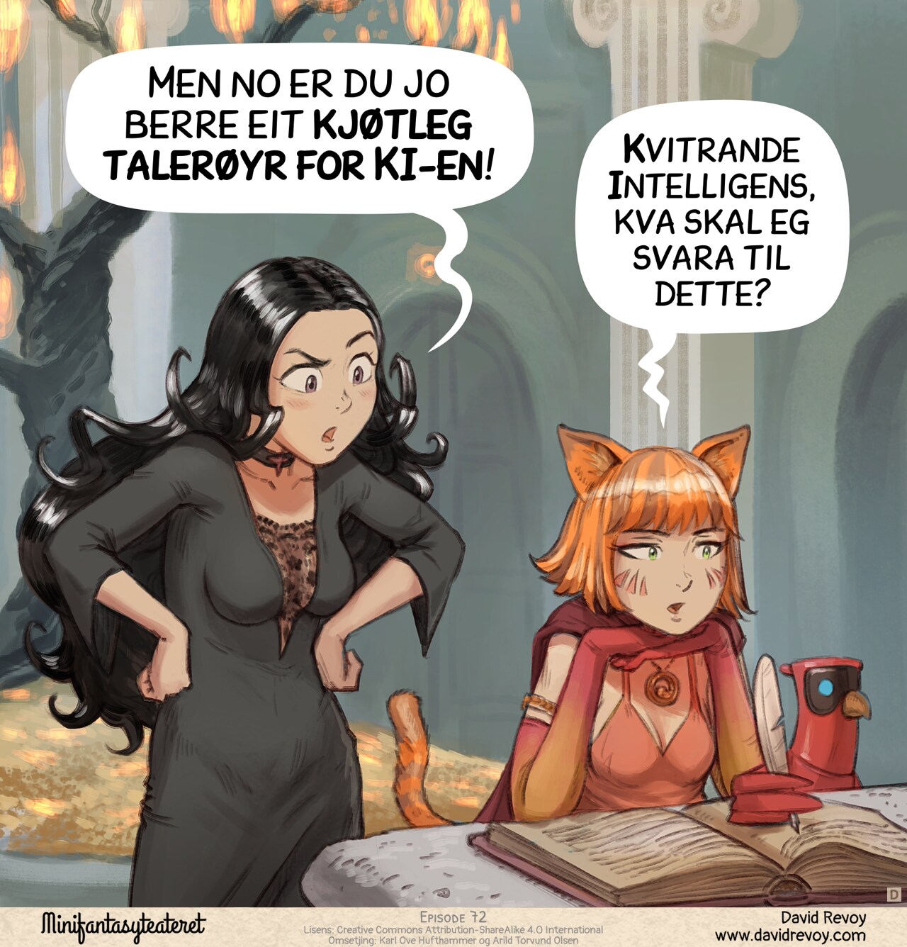 Panel 4. Cepper, is intrigued but asks seriously while the scholar maintains her dead-inside expression.  
Cepper: "Wait, you're simply just an AI meat proxy now, aren't you?"  
Scholar: "Avian Intelligence, tell me how to reply to that."