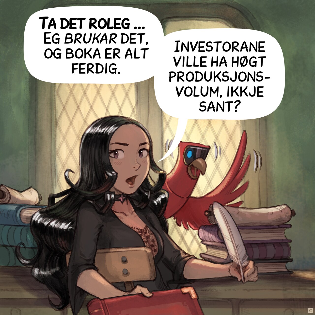 Panel 3. Cepper turns in her chair to face the headmaster, revealing the AI Parrot on her desk. She offers a large grimoire to the headmaster (the book remains off-screen).  
Cepper: "Calm down... I *am* using it, and it's already done."  
Cepper: "The investors wanted high-volume output, right?"