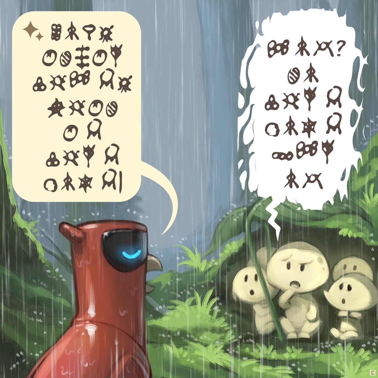 Panel 3. Dialog between the AI Parrot, speaking in ancient runes to the puzzled tree spirits, who respond in the same dialect.