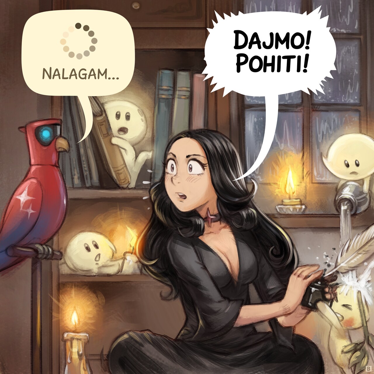 Panel 2. The AI Parrot doesn't react, displaying a spinning loading symbol in its speech bubble. The Gothic Sorceress urges it to hurry as the Tree Spirits continue their actions, breaking things, playing with fire, and spilling ink.  
AI Parrot: (Loading Symbol Icon)  loading...  
Gothic Sorceress: "Come on! Hurry up!"