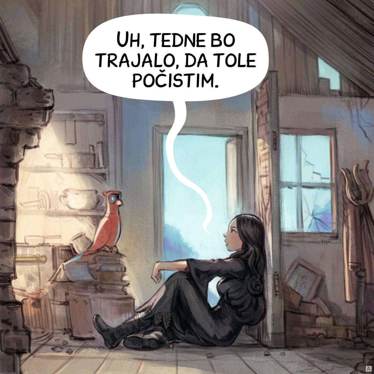 Panel 1. The Gothic Sorceress stands in the middle of the ruins of her house, in the middle of the mess the floor; a consequence of the night with the Tree Spirits. She's looking overwhelmed. She talks a bit in the void, eyes lost in the distance. Her Avian Intelligence (AI) Parrot listen, perched on a wall in ruins.  
Gothic Sorceress: "Ugh, it'll take weeks to clean this up."