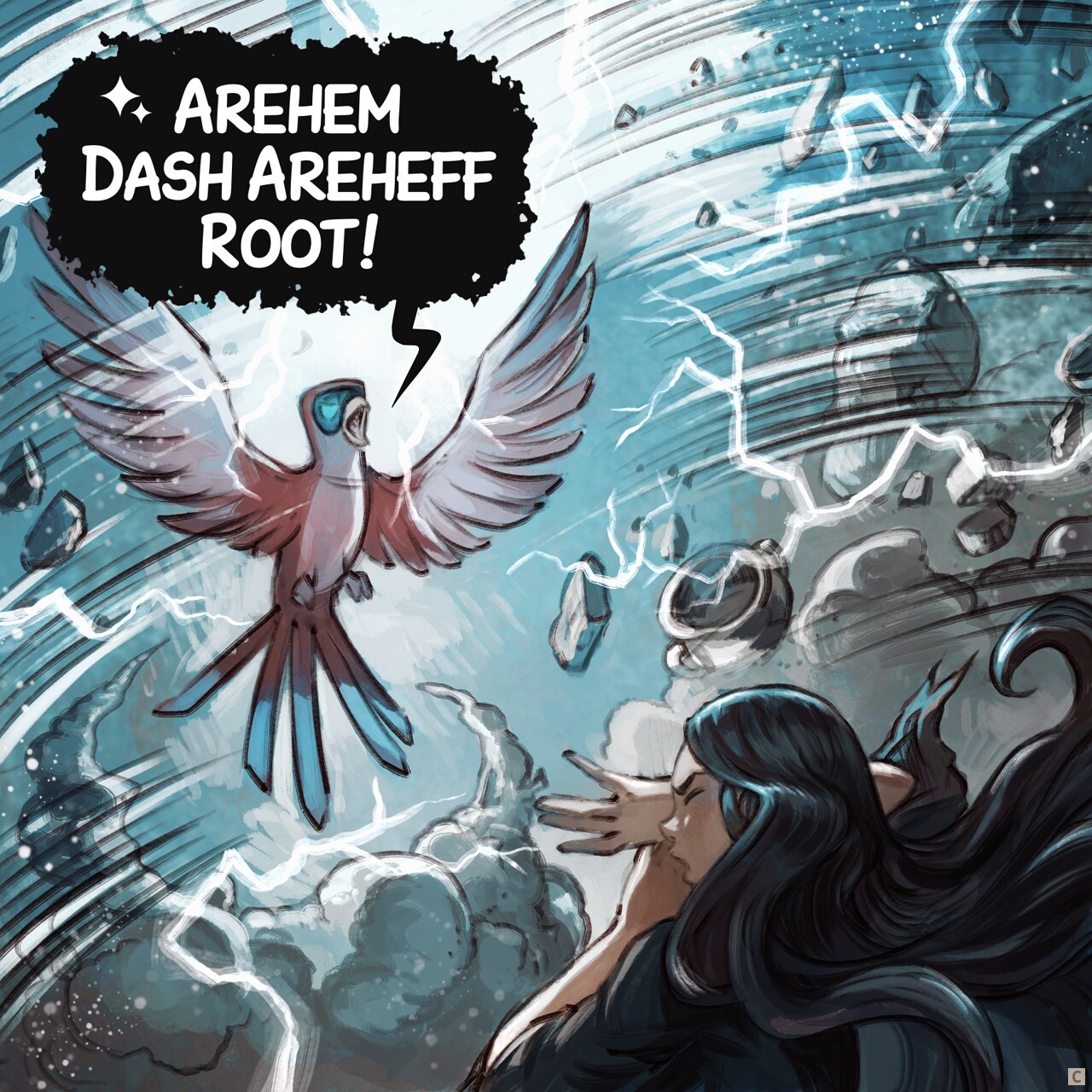 Panel 3. A tempest erupts inside the room, the AI Parrot flies in the middle like a majestic and all powerful bird: he is casting a spell loudly. Lightning flashes, cloud of dust are twirling, and many debries are flying. The Gothic Sorceress protect her face with her hands, in emergency.  
AI Parrot: "Arehem Dash Areheff Root!"