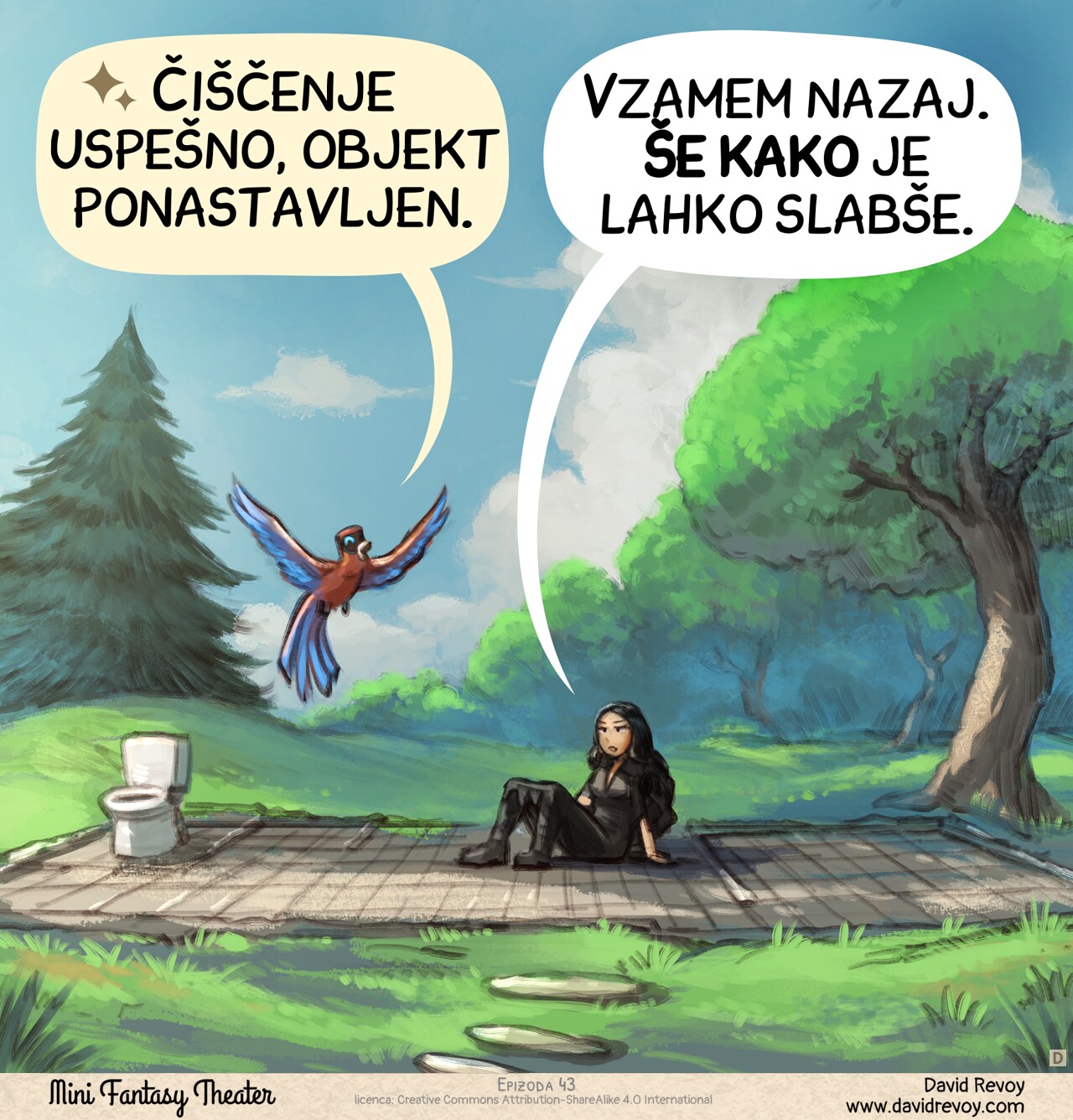 Panel 4. The aftermath of the spell: only the floor of the house survived. Just the tiles on the floor, lost in the middle of the natures with trees and grass. The room are empty, except a toilet seat in a corner. The AI Parrot is proud of his work while the Gothic Sorceress stares at the scene, seating still dizzy after the tornado. She feels powerless in front of the result.  
AI Parrot: "Cleaning successful, room reset."
Gothic Sorceress: "I take it back. It can get worse."