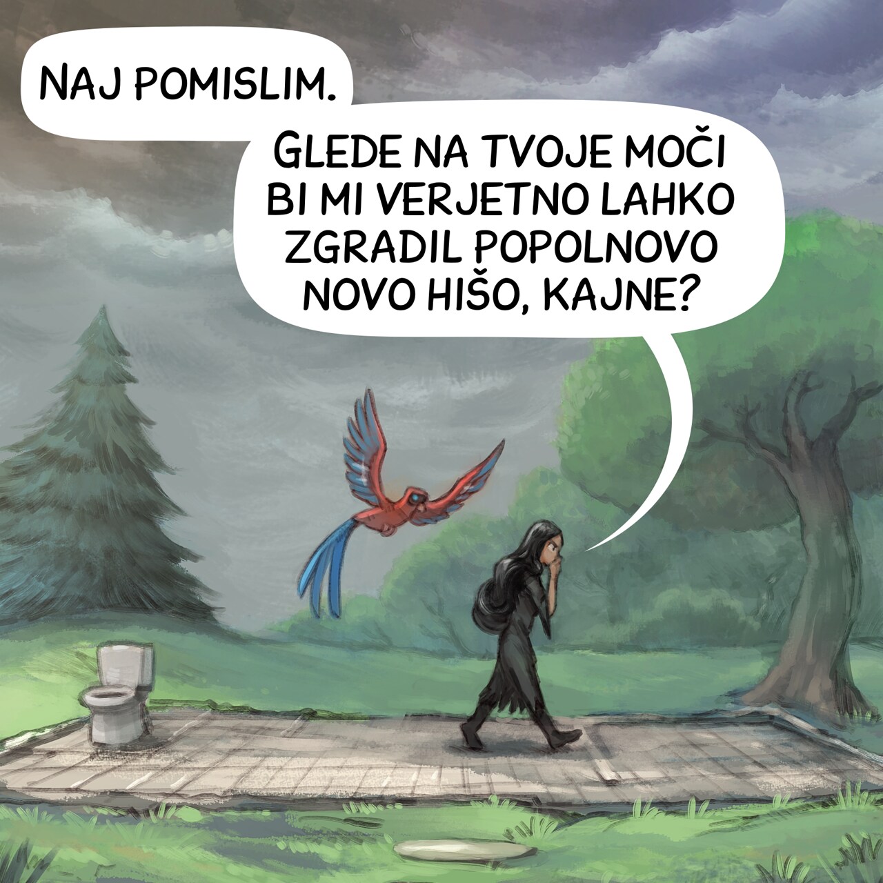 Panel 1. The Gothic Sorceress paces back and forth on the foundation of her house: all that remains are the floor tiles and the outlines of the walls. The Avian Intelligence (AI) flies while watching her. In the distance, a storm is approaching: lightning streaks across the sky.  
Gothic Sorceress: “Let’s think about this. Given your powers, you can probably build me a brand-new house, right?”