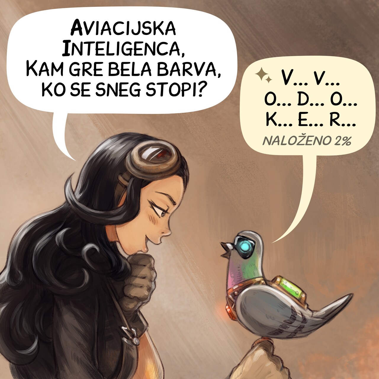 Panel 2. She excitedly asks it a question, but it takes an eternity to respond.  
Cepper: "Avian Intelligence, what's the airspeed velocity of an unladen swallow?"  
Local AI Parrot: "1... 1...  m... e... t... e... r... s... loading 2%"