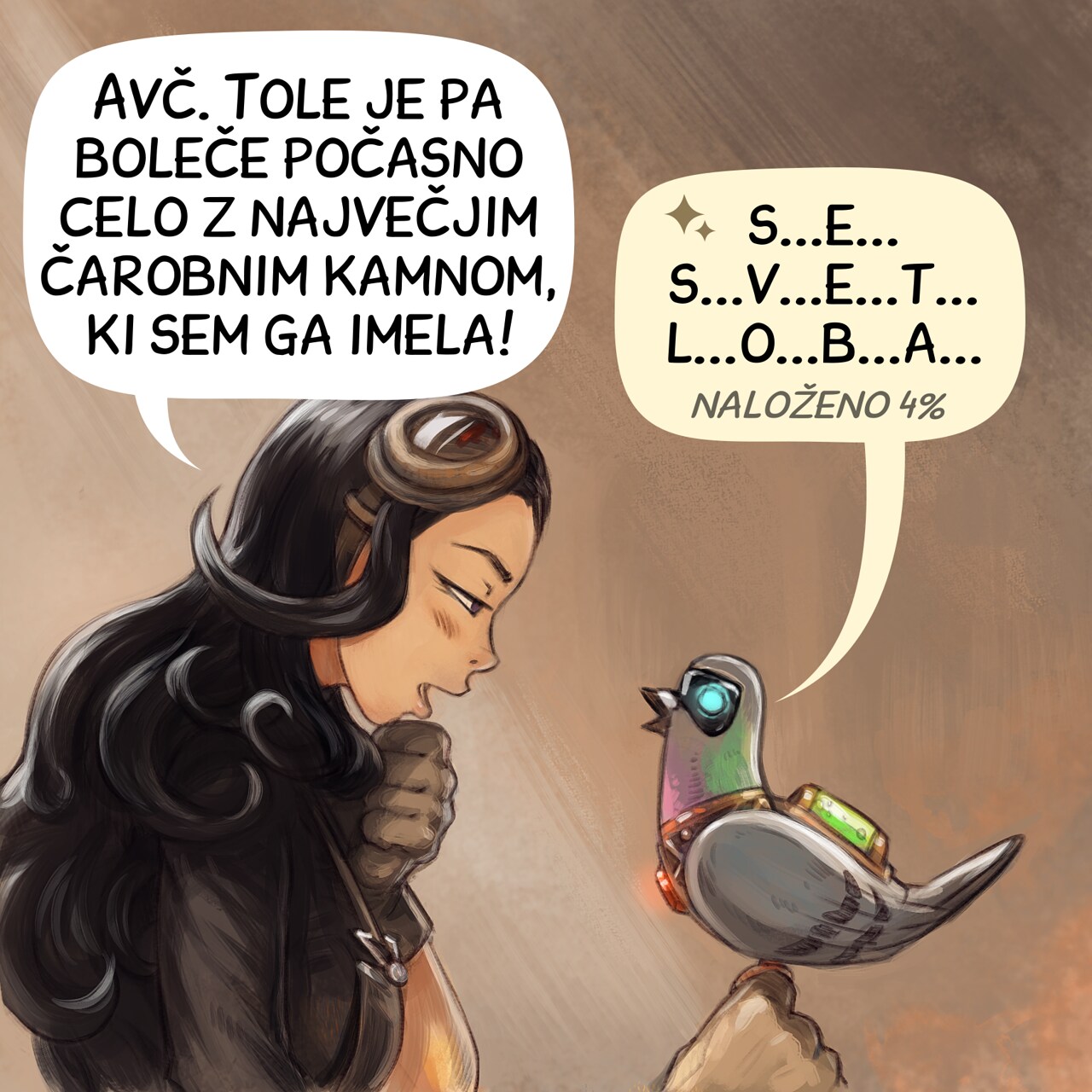 Panel 3. Cepper starts to realize the immense computational power required to run AI models remotely. She looks at her local AI Parrot and starts to wonder.  
Cepper: "Ouch. That's painfully slow, even with the largest magical stone I had!"  
Local AI Parrot: "p...e...r... s...e...c...o...n...d... loading 4%"