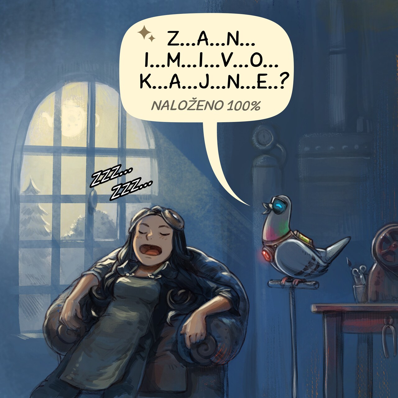 Panel 4. A shot late at night, she sleeps deeply on a big armchair, while the local AI Parrot still finish to output.  
Local AI Parrot: "a...n...d... t...h...a...t...s... a...l...l... loading 100%"